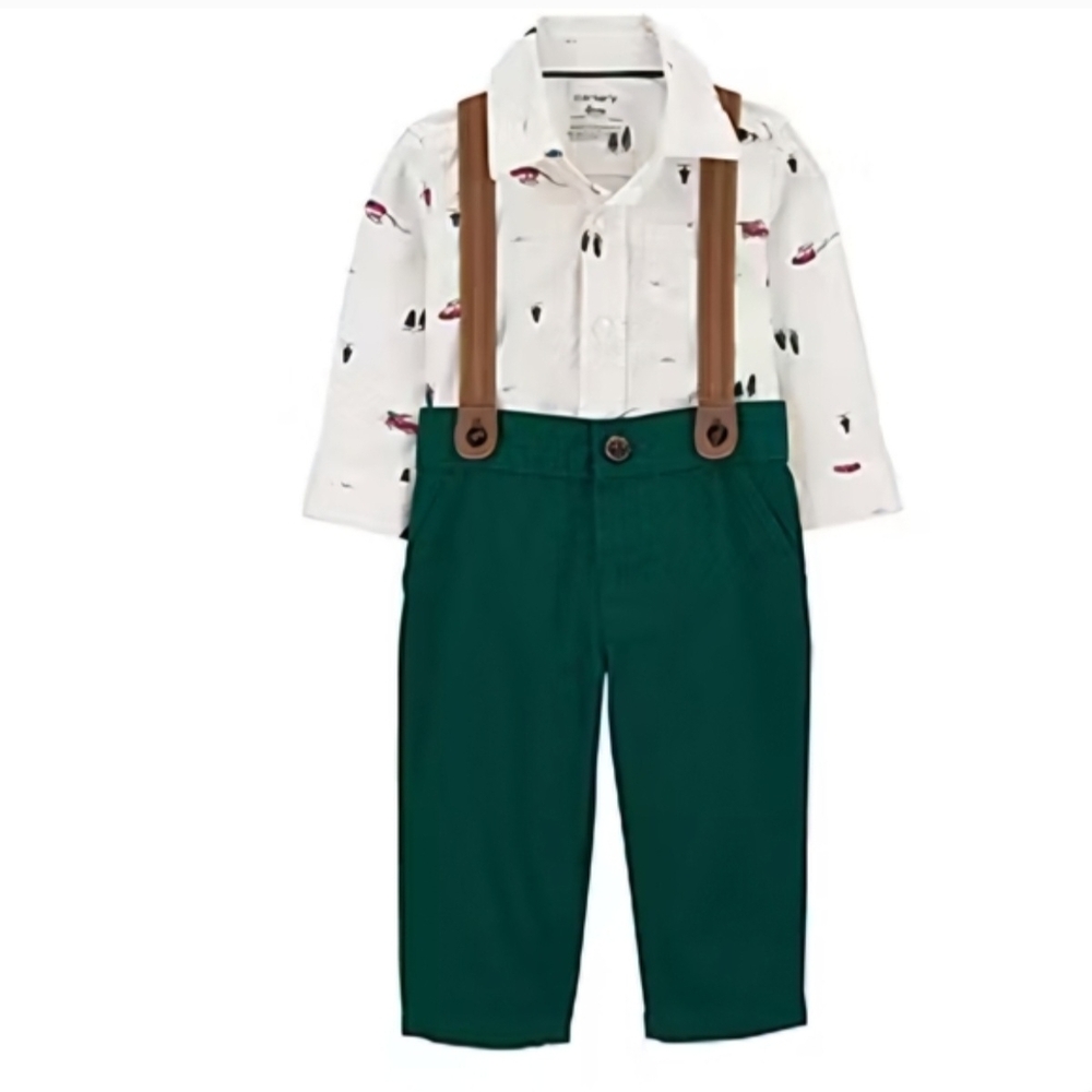 Carter's White Patterned Shirt with Green Pants and Brown Suspenders